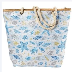 Coastal Beach Large Canvas Zip Top Tote W/ Rope Handles NWT